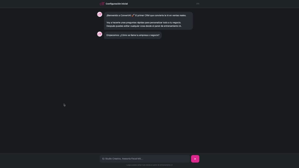Chat de onboarding de ConvertAI haciendo preguntas sobre el negocio