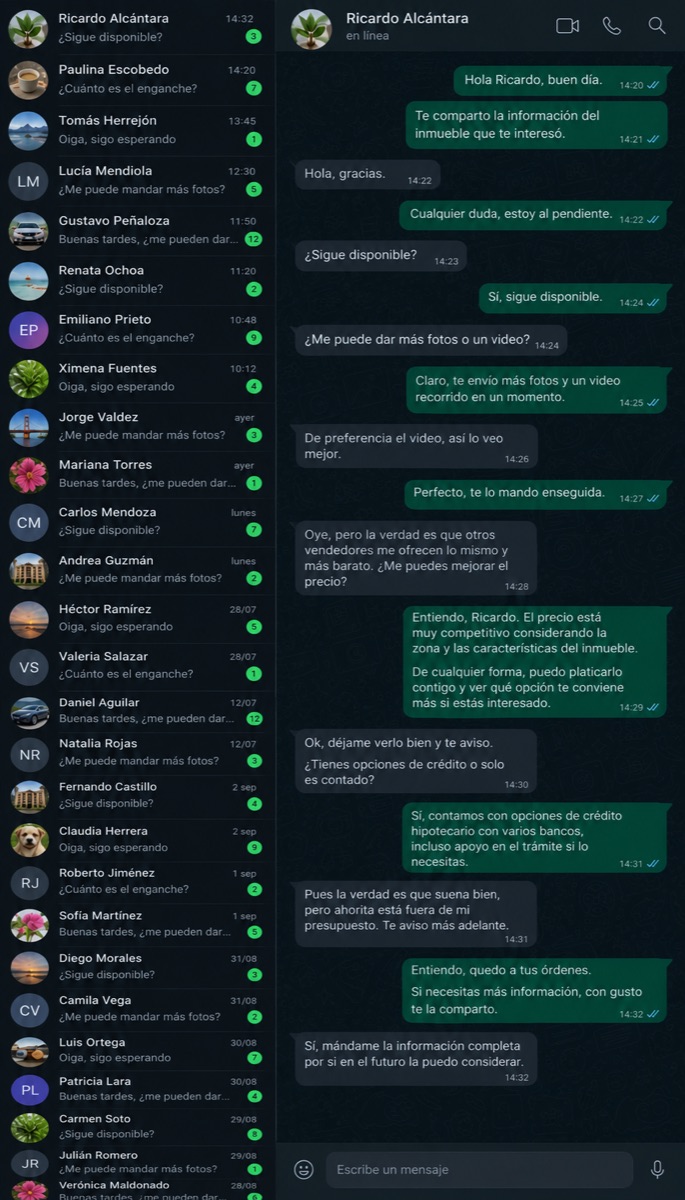 Conversación de WhatsApp sin respuesta del cliente